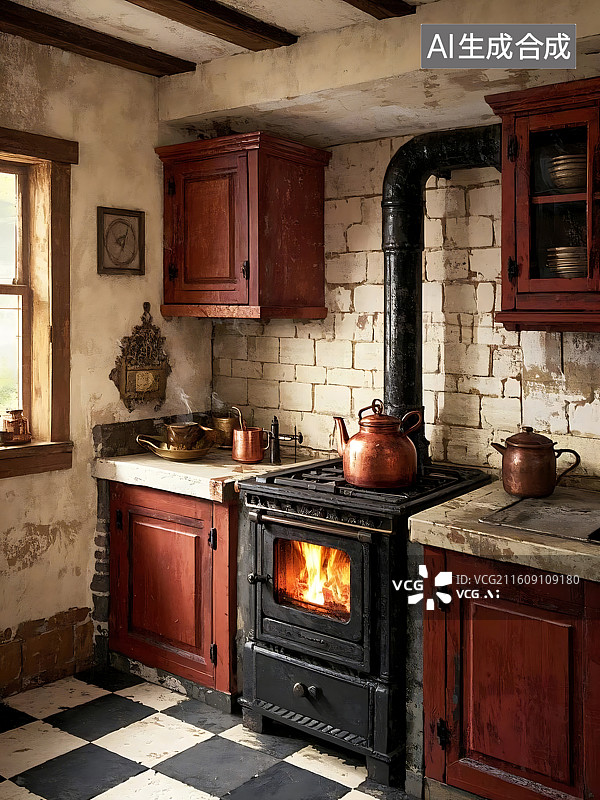【AI数字艺术】复古风格厨房，砖墙搭配火炉和铜制炊具图片素材