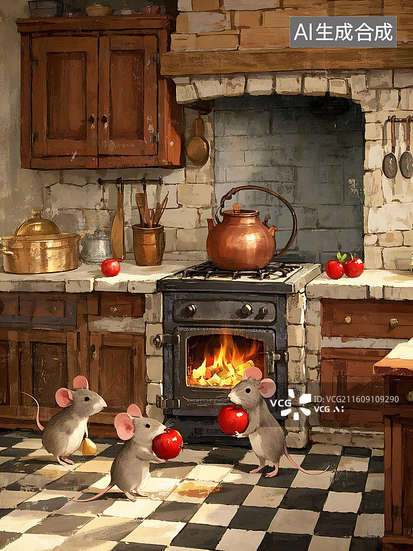 【AI数字艺术】温馨的厨房场景：老鼠与苹果的童话世界图片素材