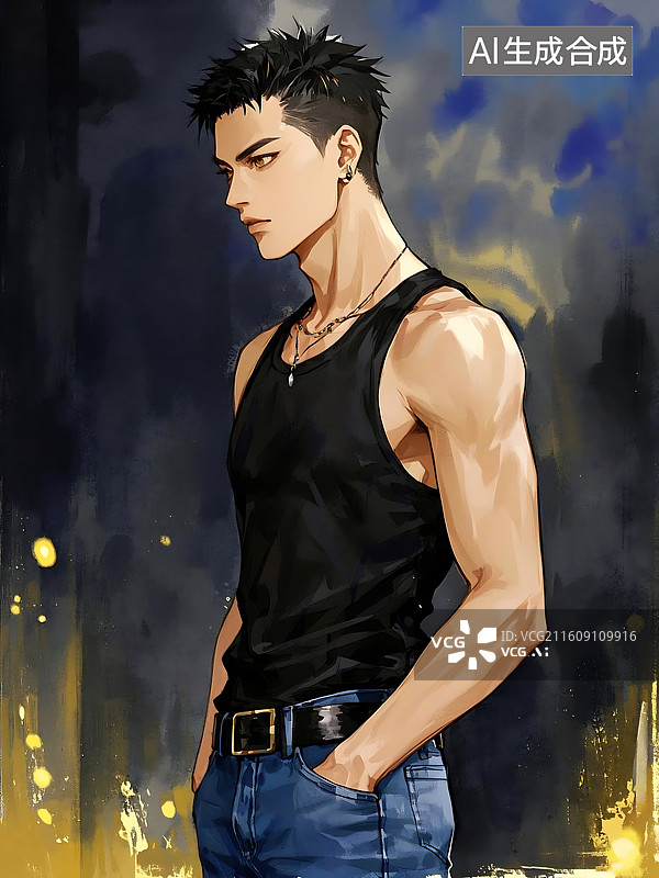 【AI数字艺术】肌肉男青年时尚侧身像图片素材