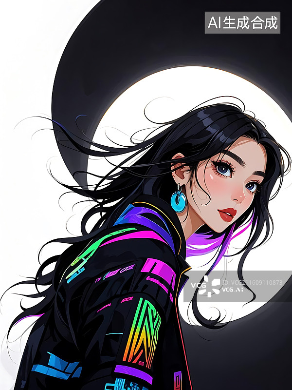 【AI数字艺术】霓虹外套女孩的迷人肖像，黑月背景图片素材