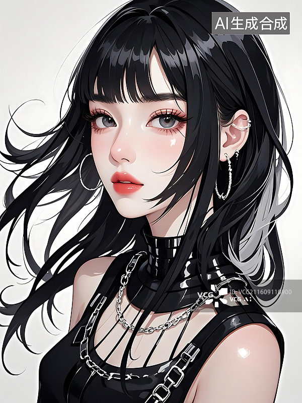 【AI数字艺术】时尚黑发女孩，佩戴银色饰品，妆容精致图片素材
