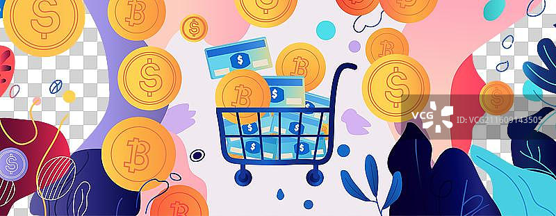 装满信用卡和硬币的购物篮图片素材