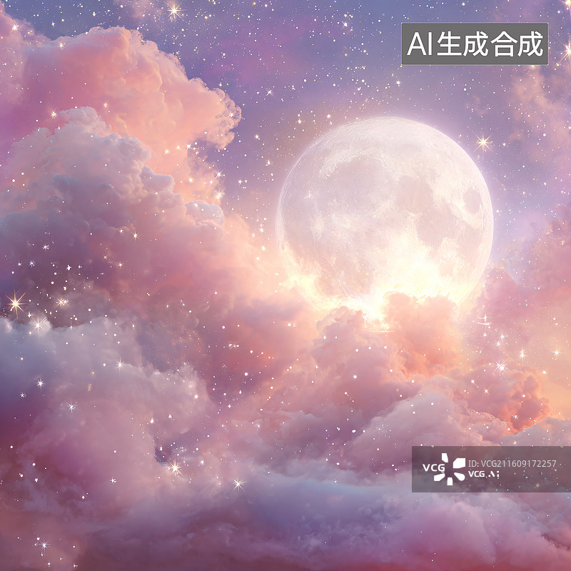 【AI数字艺术】梦幻般粉紫色的云海圆月星空图片素材