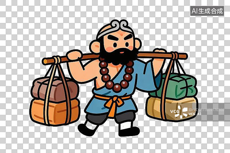 【AI数字艺术】卡通风格，挑着行李的西游记人物，沙悟净PNG格式的免扣元素图片素材