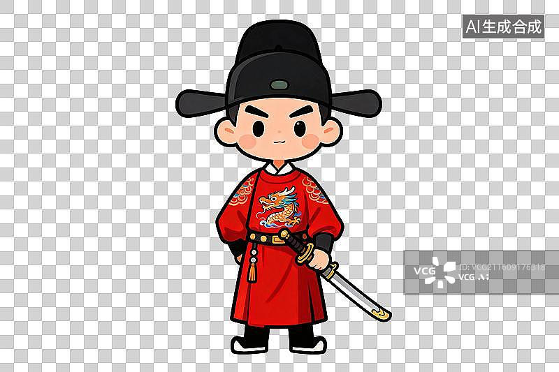【AI数字艺术】卡通风格，手拿绣春刀的明朝锦衣卫PNG格式的免扣元素图片素材