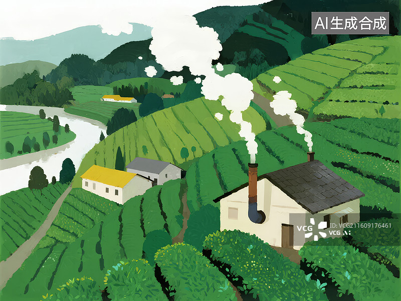 【AI数字艺术】乡村田园中的烟囱房屋图片素材