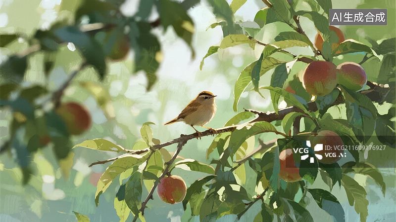 【AI数字艺术】小鸟栖息在挂满果实的树枝上图片素材