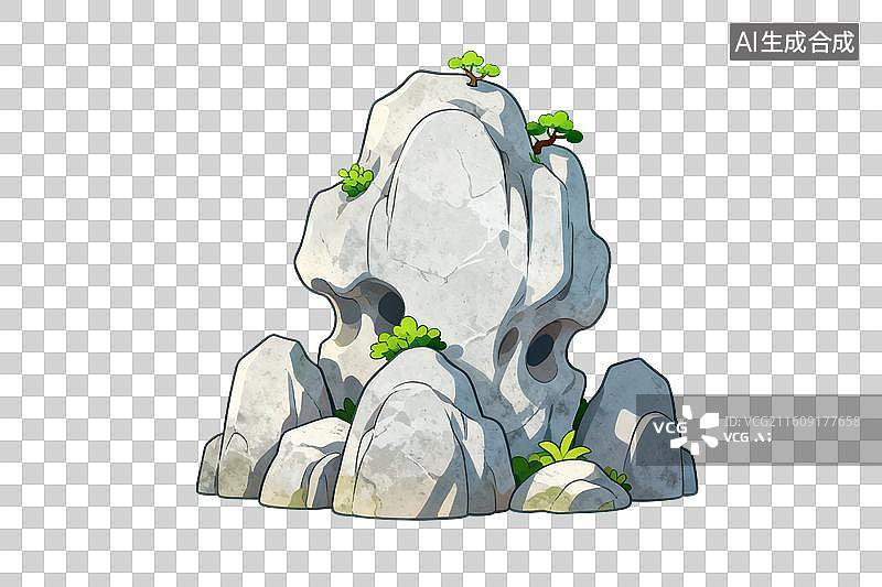 【AI数字艺术】卡通风格，古代园林中的假山PNG格式的免扣元素图片素材