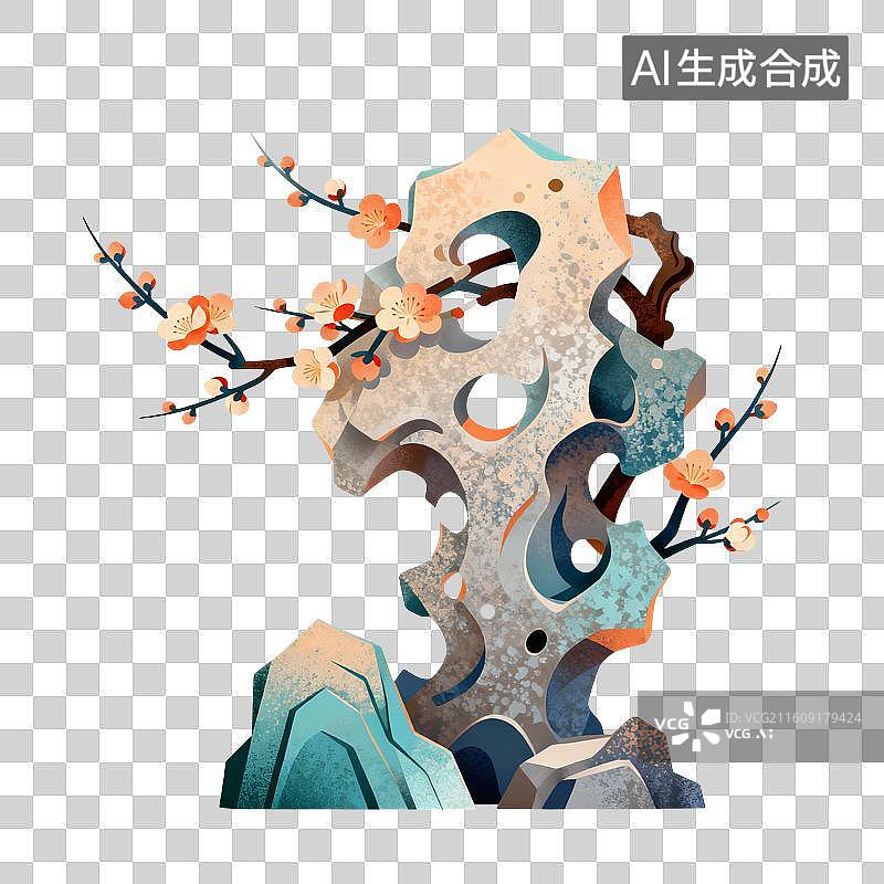 【AI数字艺术】太湖石桃花插画图片素材