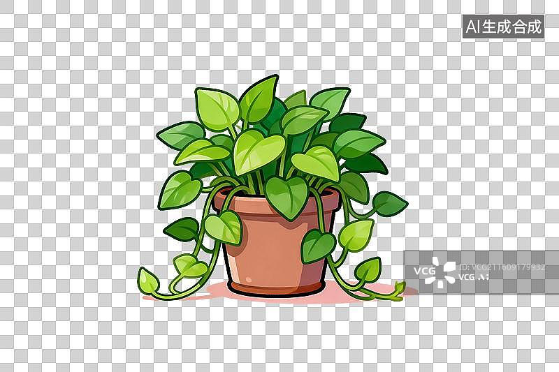 【AI数字艺术】卡通风格，盆栽植物，绿萝PNG格式的免扣元素图片素材