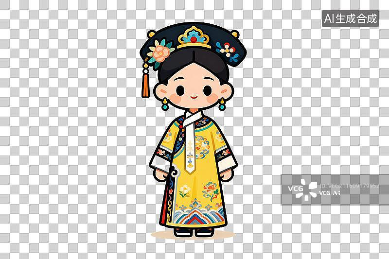 【AI数字艺术】卡通风格，穿着清朝服饰的妃子PNG格式的免扣元素图片素材