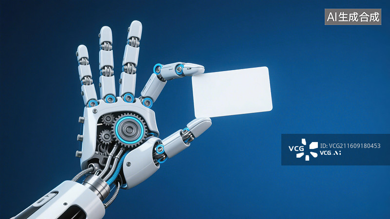 【AI数字艺术】3D三维AI人工智能机器人手指拿着空白卡片图片素材