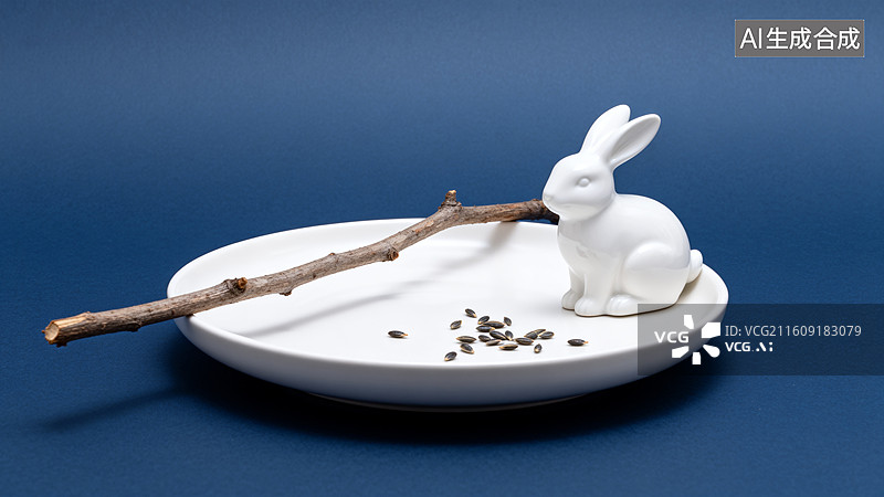 【AI数字艺术】白色瓷兔与枝干的静物摆设图片素材