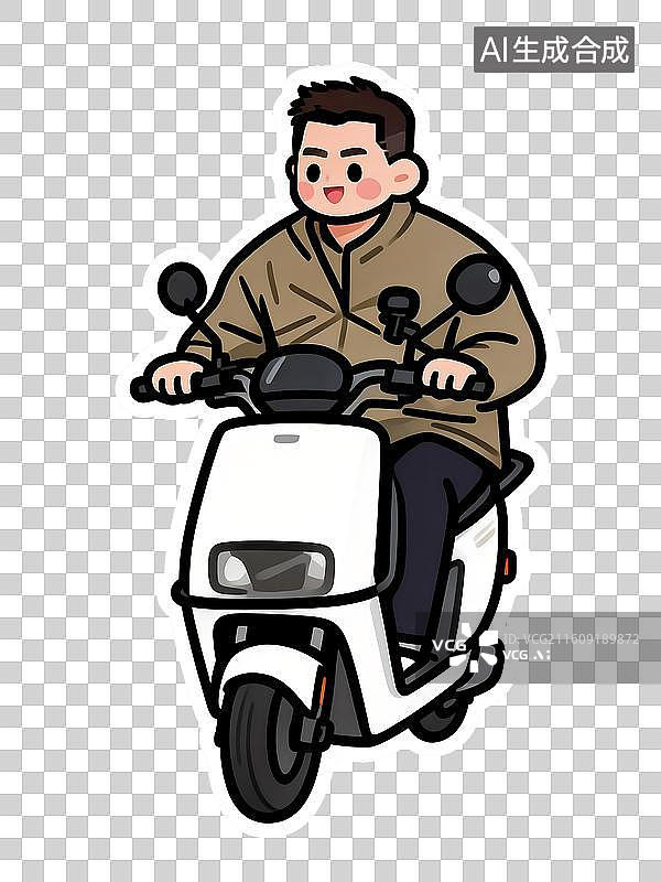 【AI数字艺术】萌系男孩电动车骑行插画 休闲穿搭卡通贴纸 日常出行交通工具图片素材