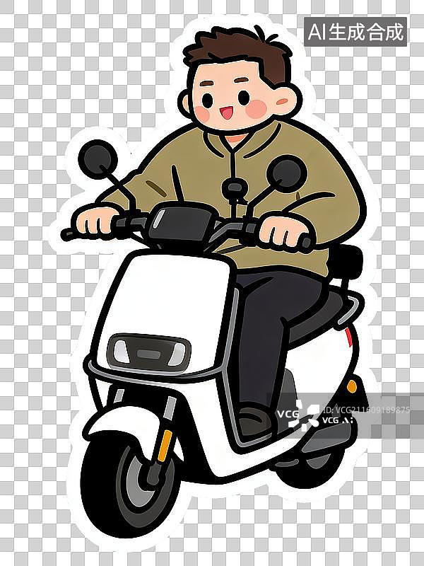 【AI数字艺术】萌系男孩电动车骑行插画 休闲穿搭卡通贴纸 日常出行交通工具图片素材