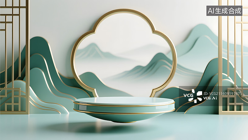 【AI数字艺术】东方山水意境映衬悬浮展台之美图片素材