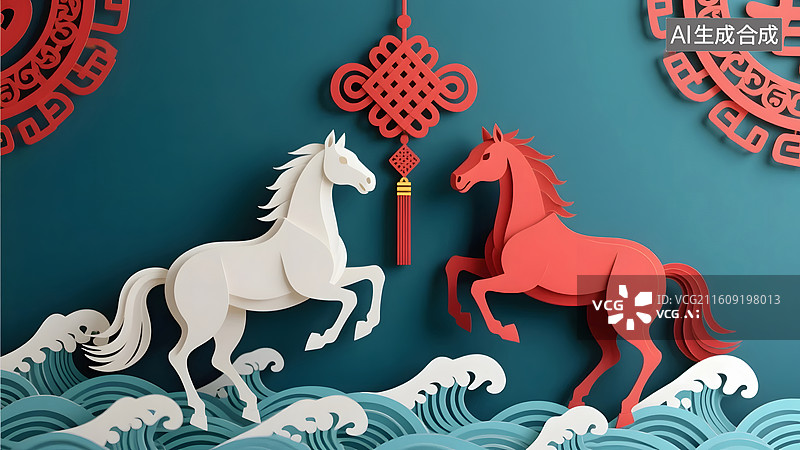 【AI数字艺术】两匹马以拜年姿态呈现传统喜庆图片素材