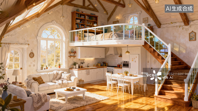 【AI数字艺术】明亮温馨的阁楼客厅厨房图片素材