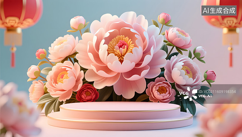 【AI数字艺术】春节牡丹花簇衬托浪漫唯美舞台图片素材