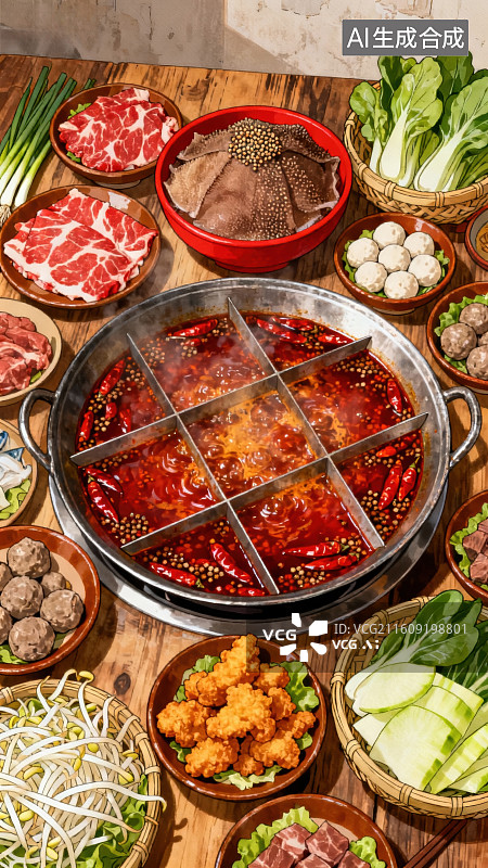 【AI数字艺术】九宫格火锅与丰富配菜图片素材