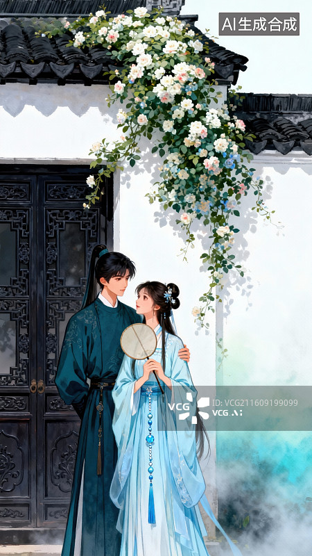 【AI数字艺术】古风情侣庭院赏花图片素材