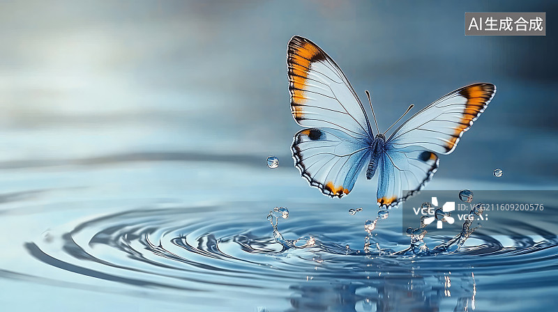 【AI数字艺术】一只美丽蝴蝶在水面飞舞唯美背景图片素材