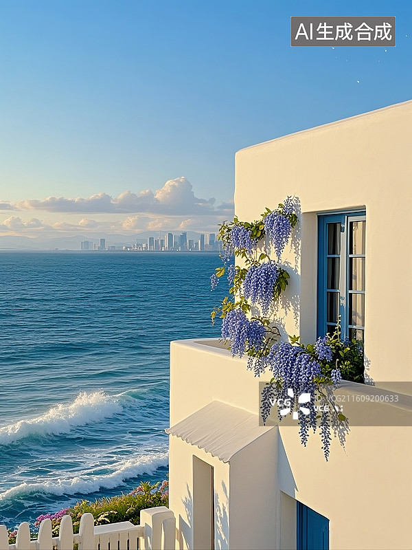 【AI数字艺术】治愈插画，海边民宿，深蓝海面，天际线柔和，白屋素墙无多余装饰，窗沿垂落蓝紫花穗带自然褶皱，浅蓝天空图片素材