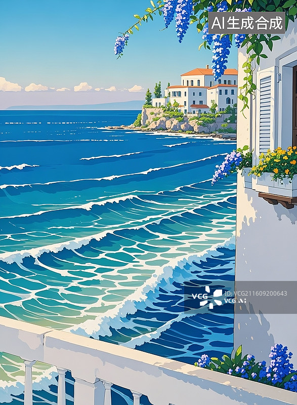 【AI数字艺术】治愈插画，海边民宿，深蓝海面，天际线柔和，白屋素墙无多余装饰，窗沿垂落蓝紫花穗带自然褶皱，浅蓝天空图片素材