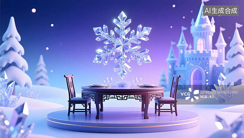 【AI数字艺术】冬季冰雪城堡中式餐桌展台场景图片素材
