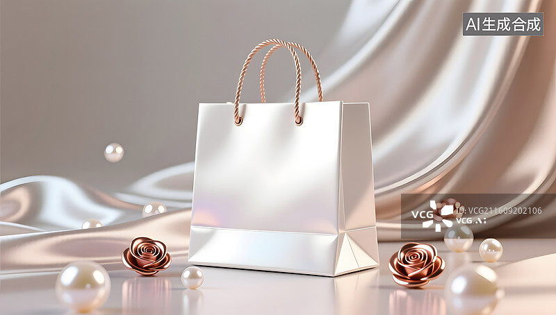 【AI数字艺术】珠光购物袋在丝绸场景中呈现优雅格调图片素材