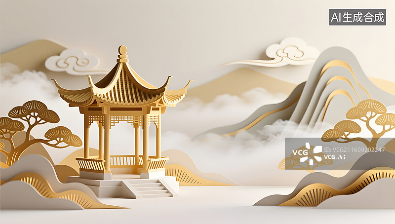 【AI数字艺术】楼阁与山雾构成宁静东方画境图片素材