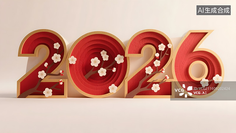 【AI数字艺术】梅花点缀纸雕数字2026呈现东方雅致质感图片素材