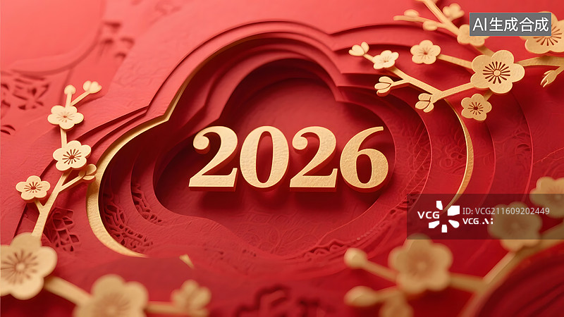 【AI数字艺术】梅花点缀纸雕数字2026呈现东方雅致质感图片素材