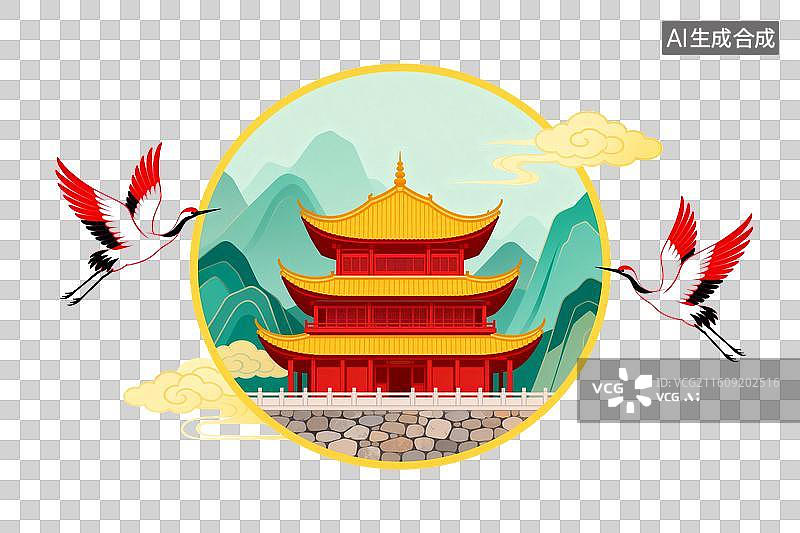 【AI数字艺术】古风楼阁仙鹤环绕山水图图片素材