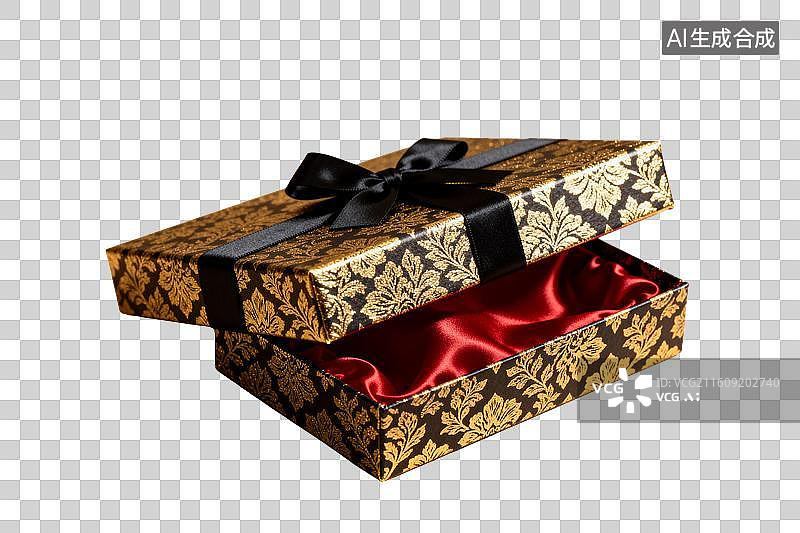 【AI数字艺术】黑金花纹礼盒配红绸内衬图片素材