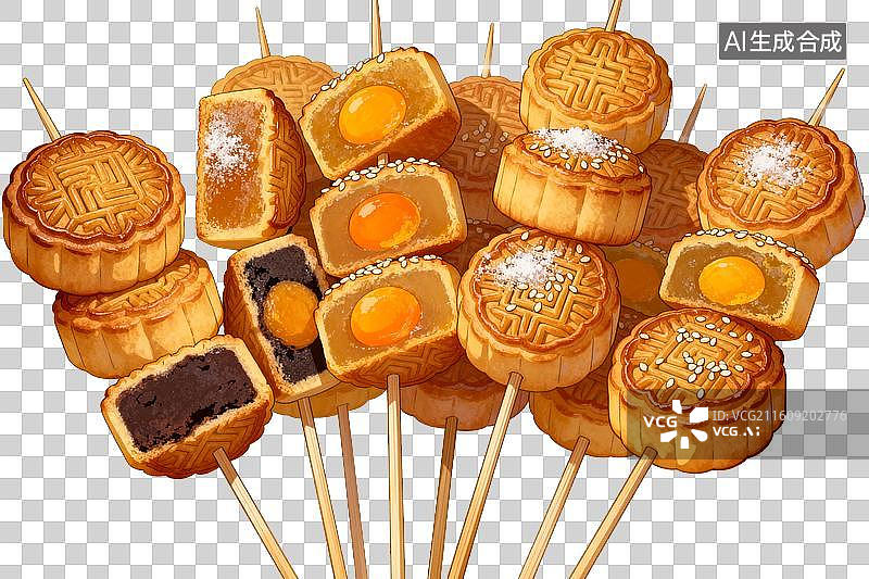 【AI数字艺术】多口味月饼串插竹签展示图片素材