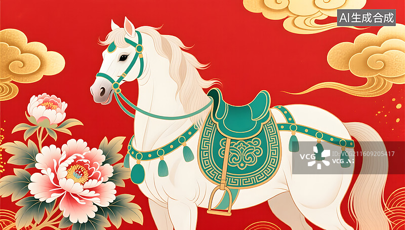 【AI数字艺术】国潮工笔白马节日吉庆图图片素材