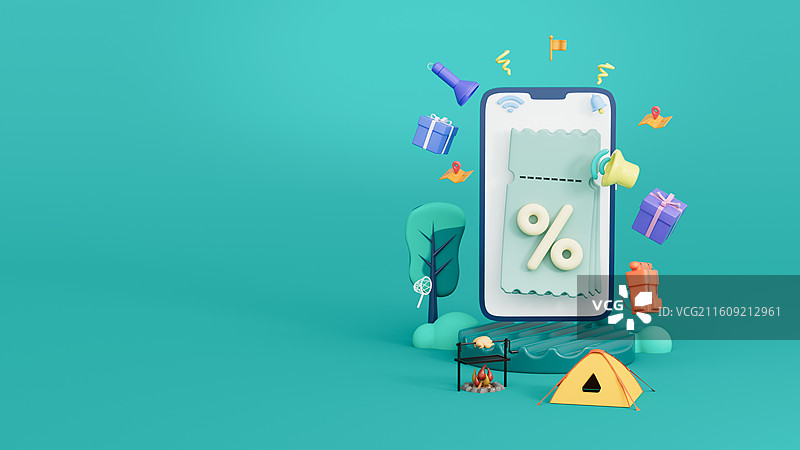 创意电商手机户外折扣购物元素3D场景图片素材
