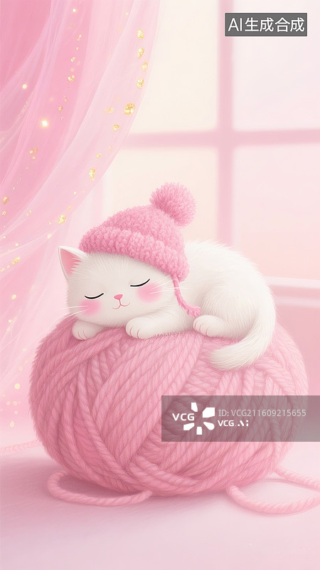 【AI数字艺术】粉色渐变背景窗格光，一只白色的小奶猫粉嘟嘟的脸颊，戴着粉色马海毛小帽子，趴在毛茸茸的粉色毛线团上睡着图片素材