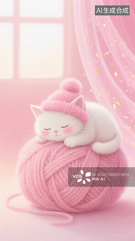 【AI数字艺术】粉色渐变背景窗格光，一只白色的小奶猫粉嘟嘟的脸颊，戴着粉色马海毛小帽子，趴在毛茸茸的粉色毛线团上睡着图片素材