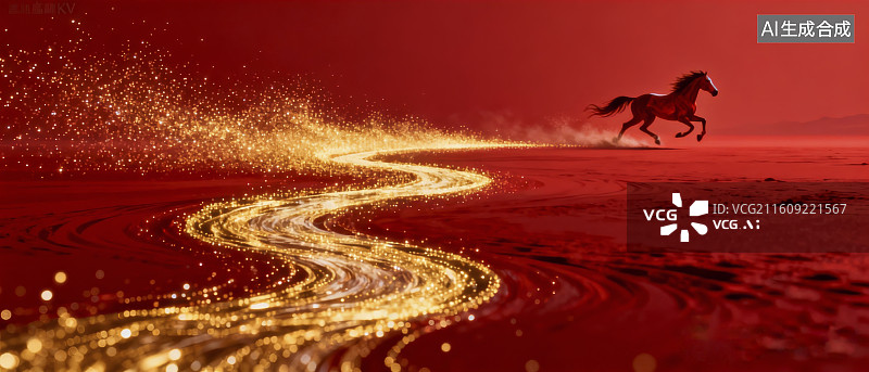 【AI数字艺术】奔驰在红色原野上的骏马图片素材