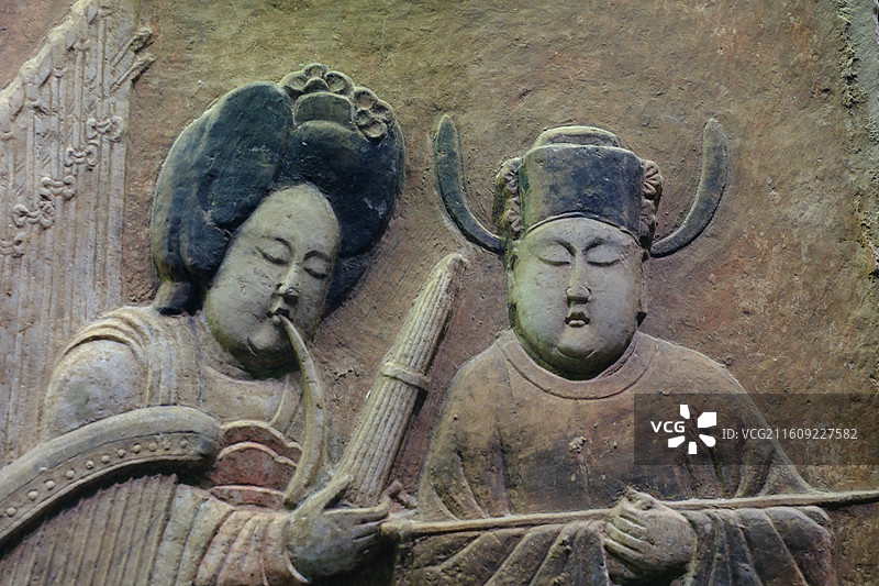 河北博物院镇馆之宝彩绘散乐浮雕。五代石刻文物图片素材