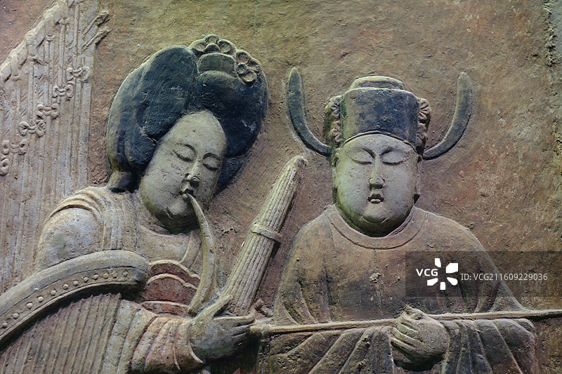 河北博物院镇馆之宝彩绘散乐浮雕。五代石刻文物图片素材