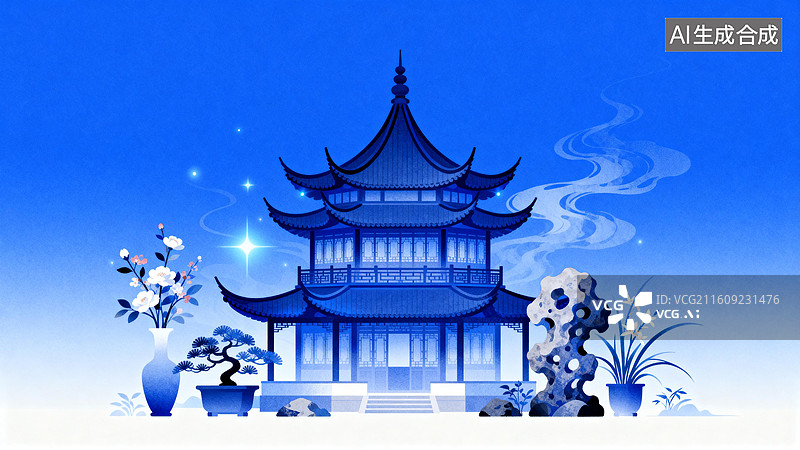 【AI数字艺术】蓝色传统中式楼阁与装饰图片素材