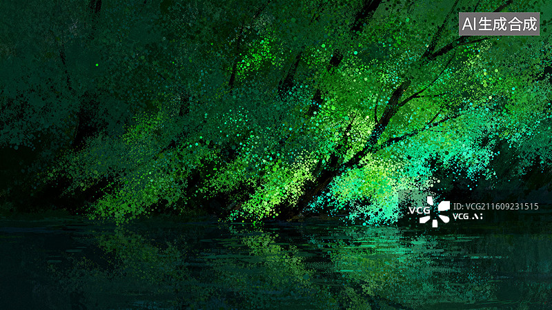 【AI数字艺术】宁静绿水边的翠绿树木图片素材