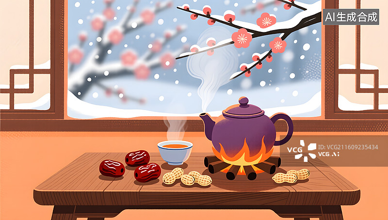 【AI数字艺术】冬日围炉煮茶时光在雪夜中格外温暖图片素材