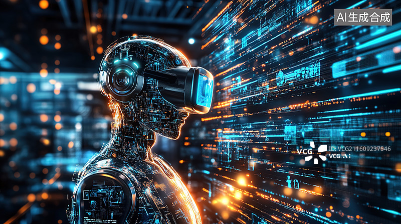 【AI数字艺术】虚拟现实未来科技概念——机器人戴着AR眼镜工作场景图片素材