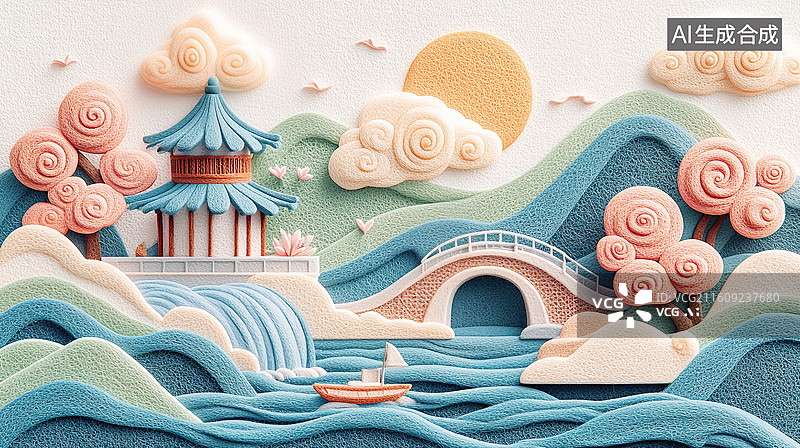 【AI数字艺术】国风传统中国山水凉亭毛绒毛线画图片素材