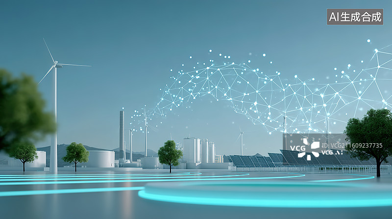 【AI数字艺术】风力发电和储能新能源科技新型电力系统概念插画图片素材