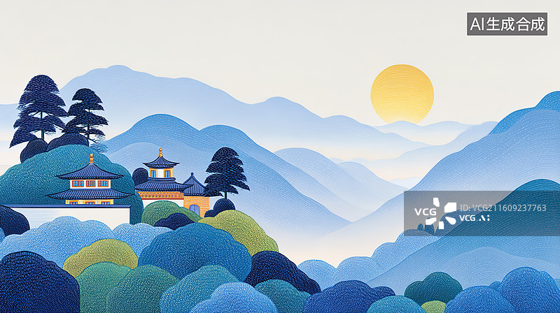 【AI数字艺术】克莱因蓝国风山水凉亭夕阳风景插画图片素材